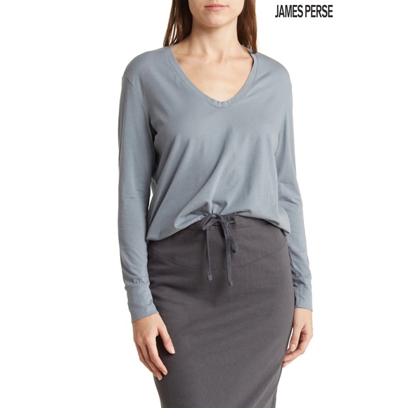 JAMES PERSE WOMEN NWT V-NECK DROP SHOULDER L/S COTTON ARSENIC TOP. SIZE 1 (S) - Picture 1 of 11